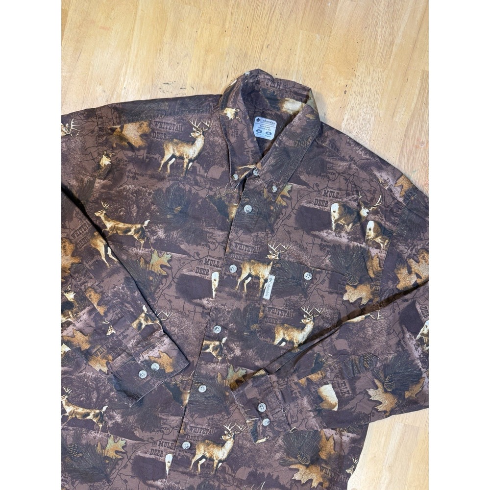 Columbia PHG Hunting Shirt Mens M Brown Deer Elk Wildlife Map Print Cotton L/S